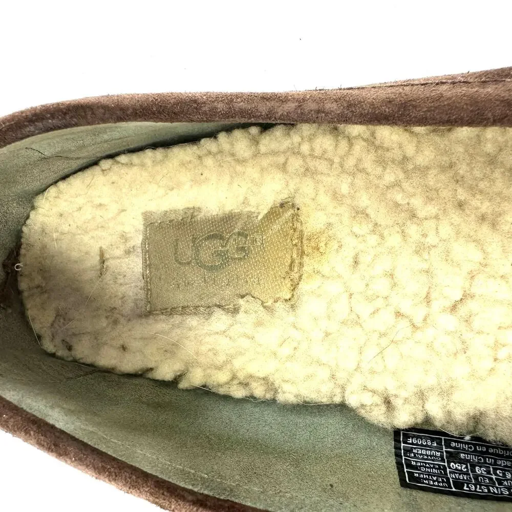 UGG Size 8 Slip On Brown Leather Sherpa‎ Lined Buckle Flats Tread Moccasins